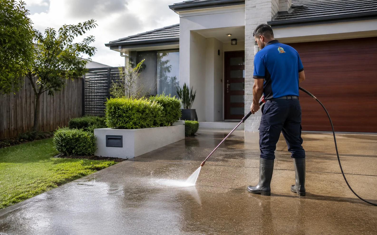 Pressure washing outdoor concrete surface in Brisbane